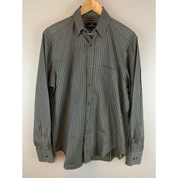 Bugatchi UOMO Mens Medium Green Multicolored Striped Long Sleeve Button Up Shirt - Picture 1 of 4